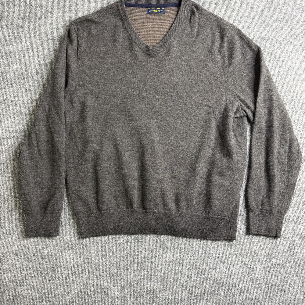 Club Room Mens Gray V-Neck Sweater Merino Wool‎ Blend Large Pullover Long Sleeve